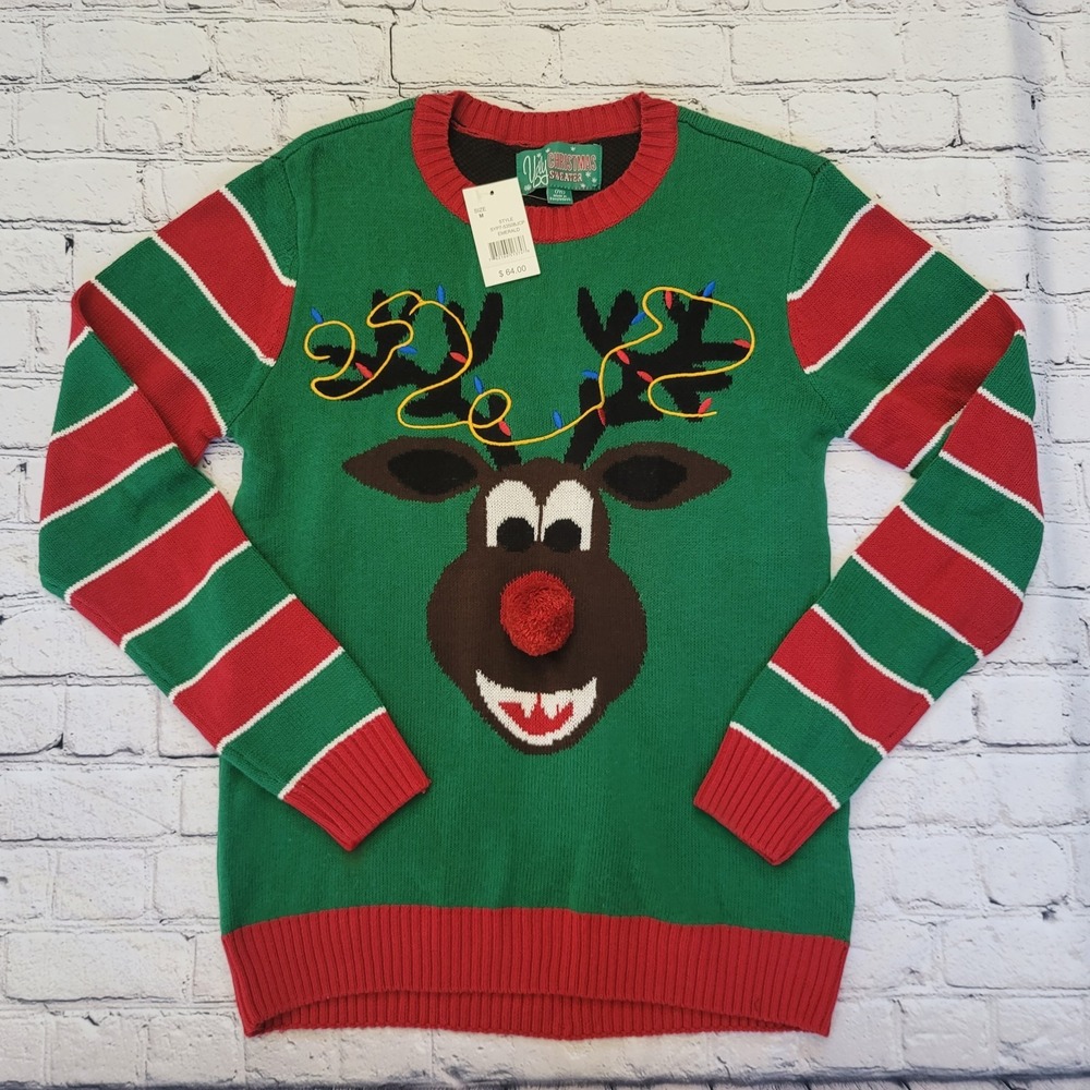 Ugly Humorous Christmas Holiday Sweater Reindeer Pom Pom Candy Poop Wms Size Med